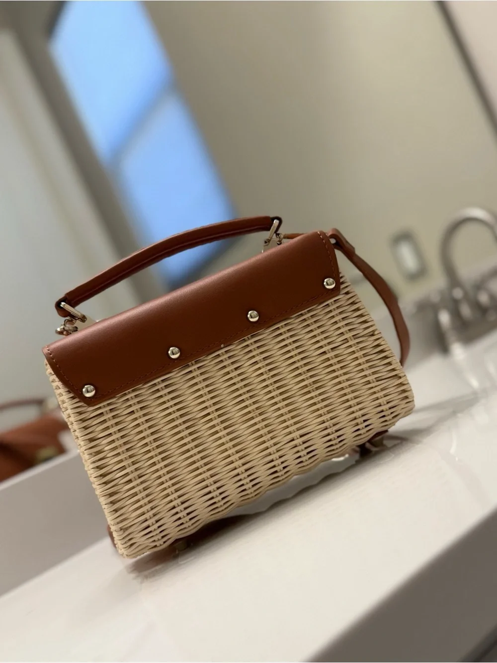 Tommy Bahama Tan Leather & Natural Rattan Top-Handle Satchel NWT - Picture 3 of 12